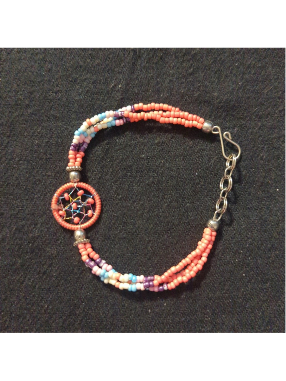 Silver Tone Peach White Blue Dreamcatcher Beaded Dainty Statement Bracelet